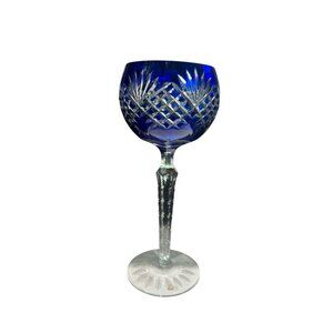 Cobalt Blue Crystal Cut-To-Clear Wine Goblet With Elegant Stem & Intricate Desig